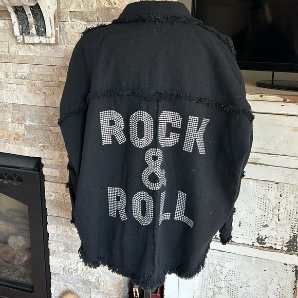 Blue B Collection black Rock & Roll sequins snap closure jean jacket raw edge - Picture 1 of 16